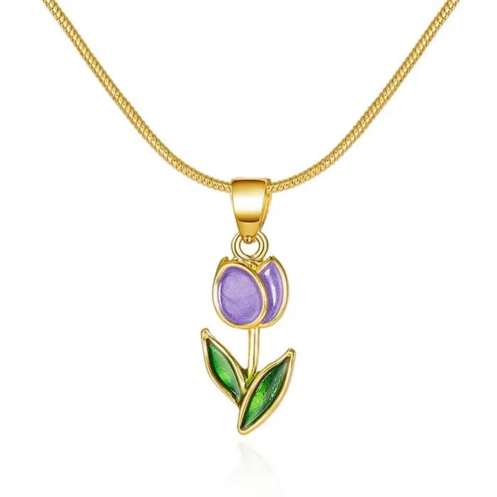 Collier Vintage élégant avec pendentif en forme de tulipe pour femmes mode esthetique fleurs chaine de clavicule ras du cou bijoux de fête de mariage occasions spéciales