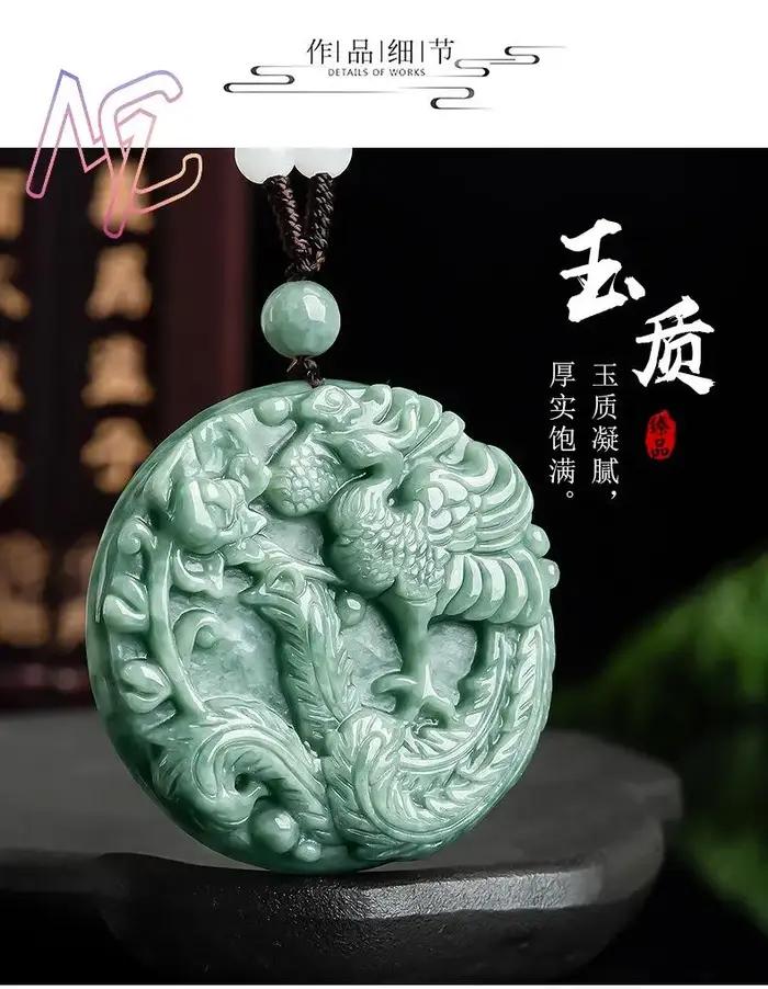 Collier pendentif phénix en jadéite du Myanmar vert