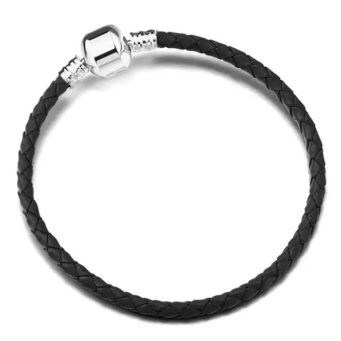 Bracelet en cuir classique, bracelet à perles rondes tendance, bracelet en argent pur S925, breloque DIY pour bijoux femme, cadeaux