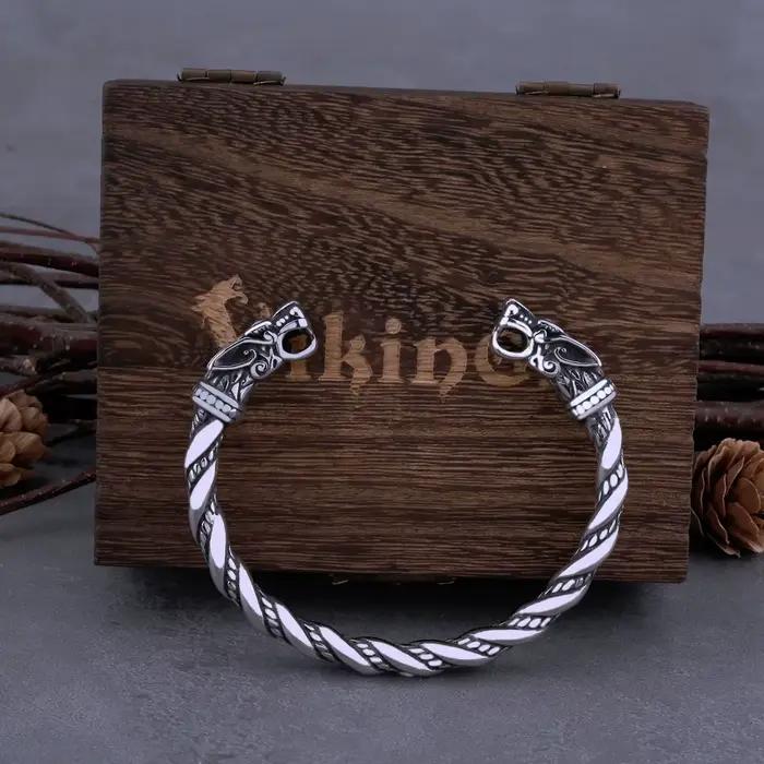 Bracelet Dragon nordique Viking en acier inoxydable pour hommes, manchette avec boîte en bois Viking