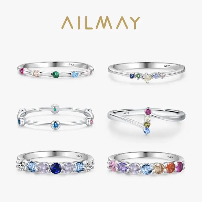 Ailmay pur 925 en argent Sterling arc-en-ciel coloré zircone mode empilable géométrique anneaux pour femmes Grils déclaration bijoux