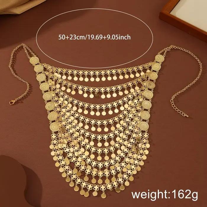 Collier Statement Multicouche en Métal Doré Style Arabe avec Pendentif Monnaie et Pompon