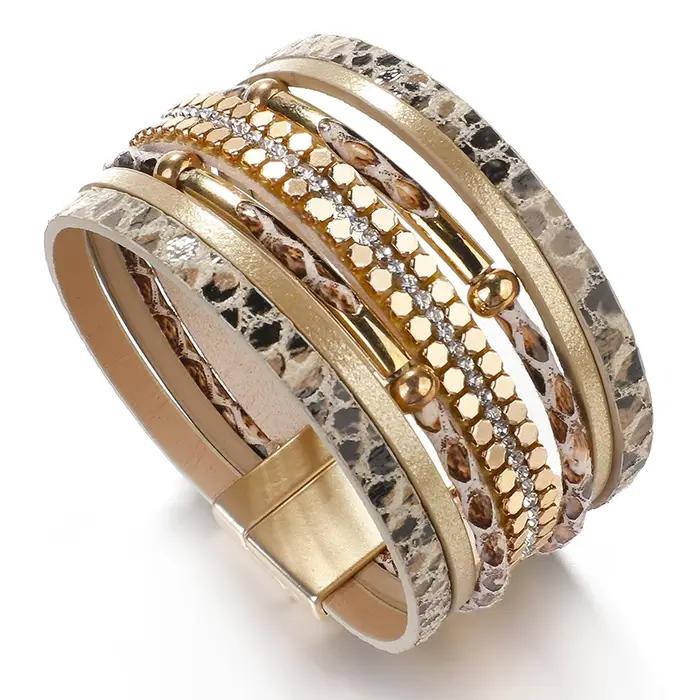 ALLYES cristal peau de serpent Bracelets en cuir pour femmes mode bohème multicouche bracelet à breloques