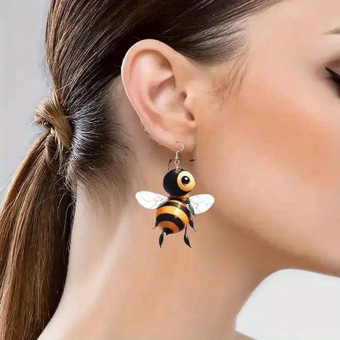 Boucles d'oreilles en acrylique 2D motif petite abeille mignonne