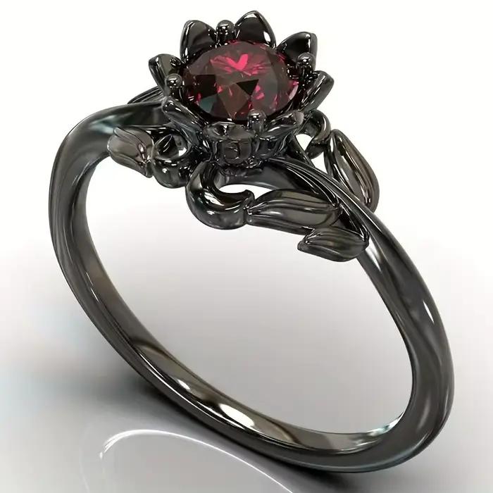 Bagues rondes à fleurs de couleur noire pour femmes, bagues en pierre rouge, bijoux cadeau de fête