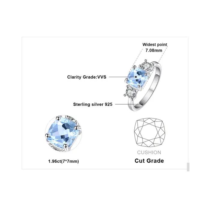 1.9ct carré naturel bleu ciel topaze 925 en argent Sterling 3 bague en pierre pour les femmes pierres précieuses bijoux