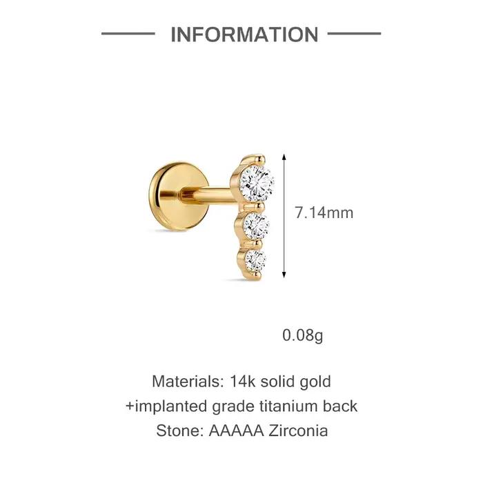 DIeSchein Boucles d'oreilles clous à dos plat en or massif 14K pour femme, délicates et minimalistes, avec trois cristaux et zircone cubique (CZ) à dos plat