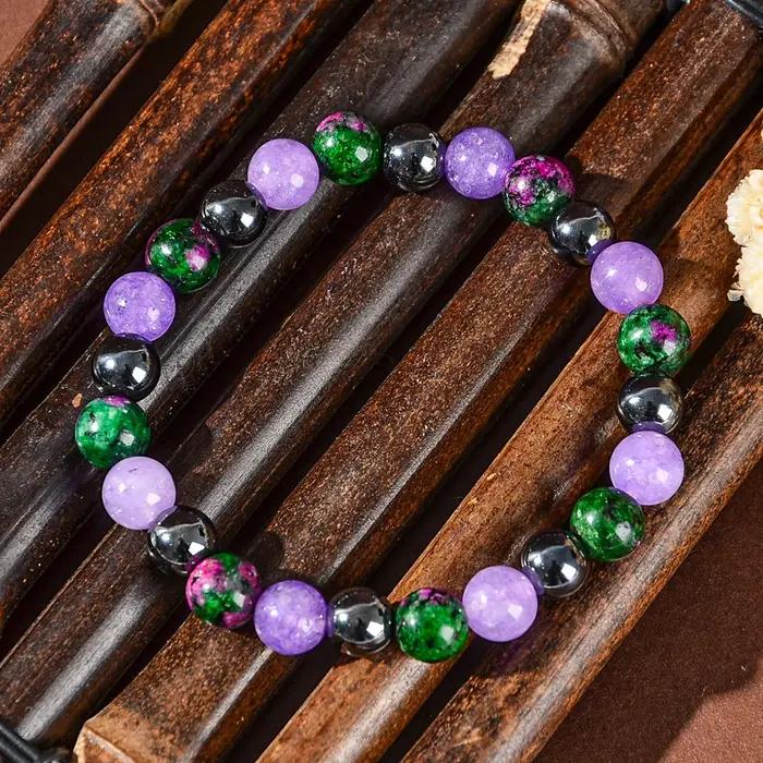 Bracelet en pierre naturelle pour la guérison de la dépression avec pierre vert fleur et mica violet pour femmes et hommes occasions spéciales bien-être émotionnel