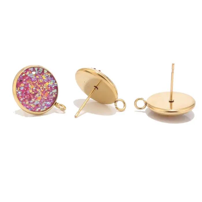 10 pièces 12mm ronde résine Druzy acier inoxydable pierre Post boucles d'oreilles résultats avec boucle or