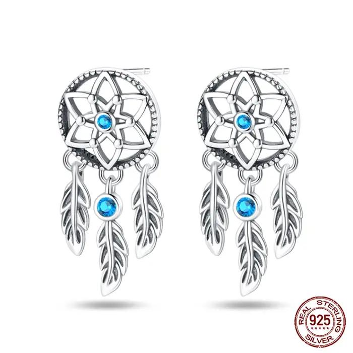 Boucles d'oreilles attrape-rêves en argent Sterling 925 véritable pour femmes, boucles d'oreilles à