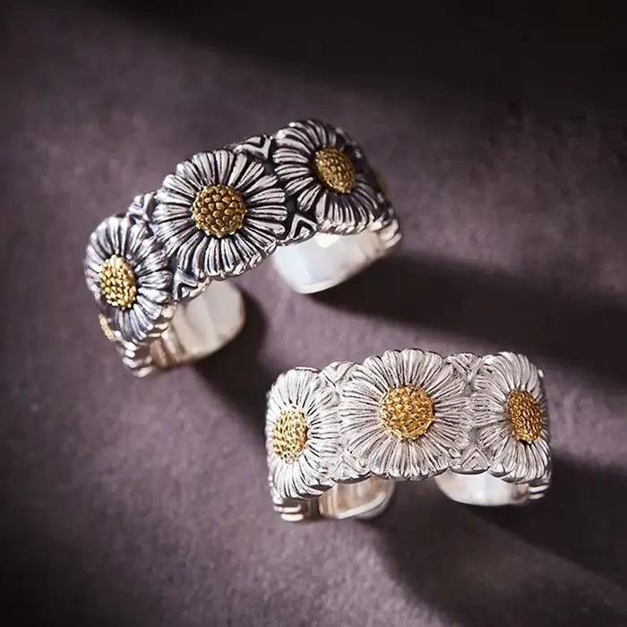 Bague ouverte réglable en forme de marguerite rétro pour hommes et femmes