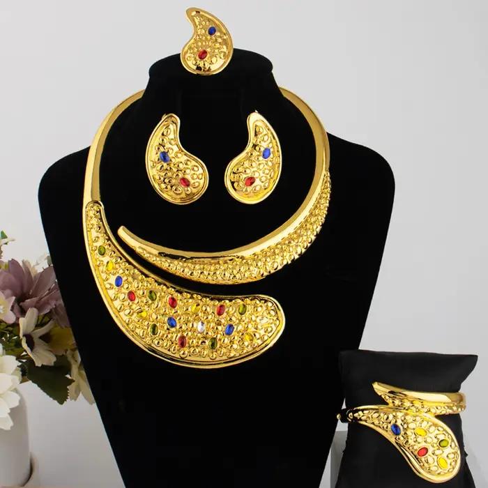 Ensemble de bijoux italiens plaqués or, dubaï, collier, boucles d'oreilles, Bracelet, bagues, nouvel