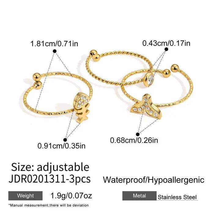 Ensemble de 3 bagues en acier inoxydable Ars plaqué or 18 carats, motif queue de poisson et arête de poisson, avec zircon, ajustables, pour femme
