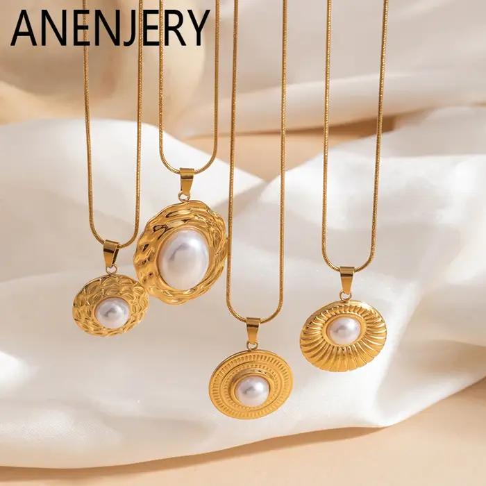Collier pendentif rond ovale en acier inoxydable 316L ANENJERY pour femmes