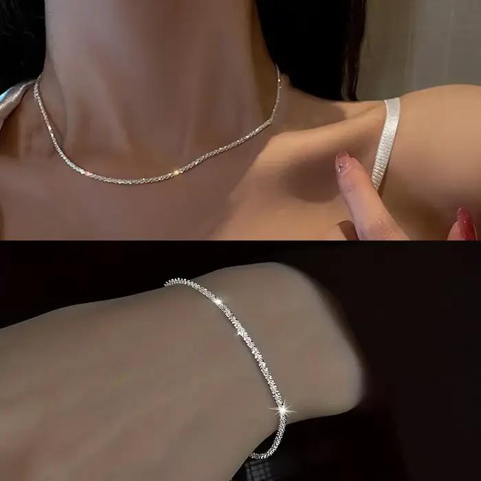 Ensemble de bijoux de collier et de Bracelet de chaîne de clavicule plaquée argent brillant