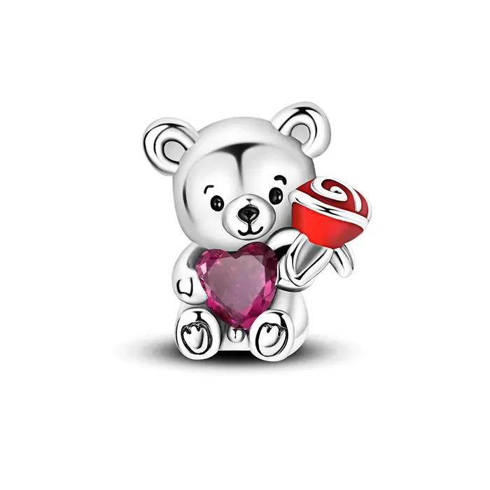 Breloques en argent sterling 925 en forme d'ours en peluche, perles pendantes en CZ rose et rouge, p