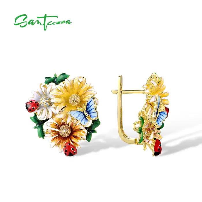SANTUZZA-Boucles d'Oreilles en Argent Sterling 925 group pour Femme, Charbon Jaune, Champagne, CZ, Grappe de Fleurs, Papillon, Bijoux Fins en Émail