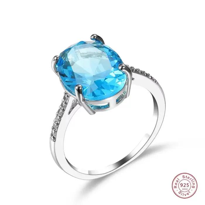 Bague Solitaire en cristal de luxe pour femmes, en argent Sterling 925, ovale bleu, Zircon, bague de