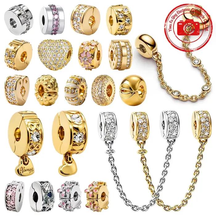 Breloques de la série Clip pour bijoux DIY, cadeaux, clip de sécurité étincelant, clip d'espacement marguerite rose, clip cœurs, perles compatibles avec les bracelets originaux