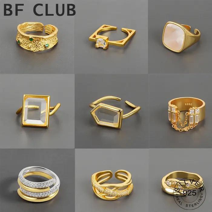 BFCLUB 925 Sivler couleur or carré Sotne Zircon anneaux pour femmes en détresse ouverture à la main anneau mode bijoux fins