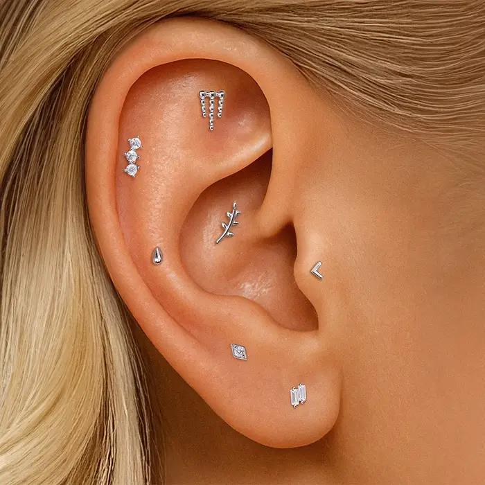 AIDE Labret en argent sterling 925 à double diamant fileté à l'intérieur • Boucle d'oreille à dos plat pour femme