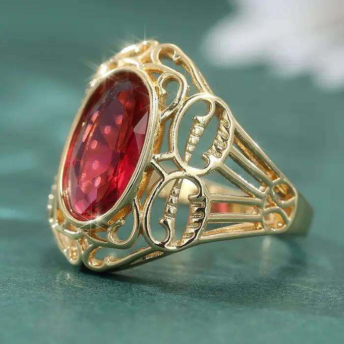 Magnifique bague vintage dorée sculptée à la main avec rubis synthétique creux pour femme