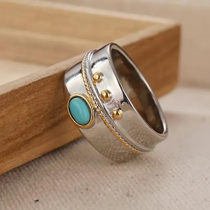 Bague polyvalente de style bohème incrustée de turquoise, bague ethnique vintage plaquée argent pour femme, bijoux de mode décontractés pour les fêtes