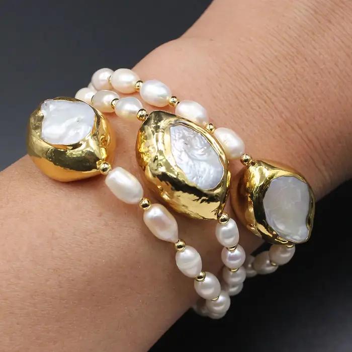 GuaiGuai-Bracelet de Perles Keshi Blanches pour Femme, Bijoux 3 Brins, Culture de Riz Blanc, Perle d