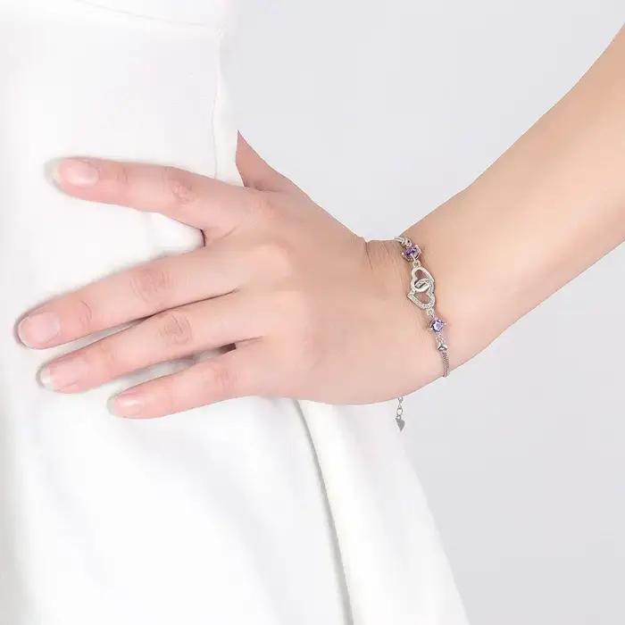 Bracelet en argent Sterling S925 incrusté d'améthyste orné de Zircon en forme de cœur pour femmes