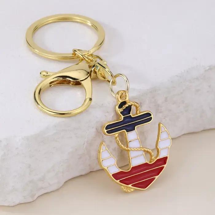 Porte-clés ancre nautique en émail pendentif métal rouge blanc bleu accessoire mode femmes hommes breloque sac cadeau fête noël occasion spéciale
