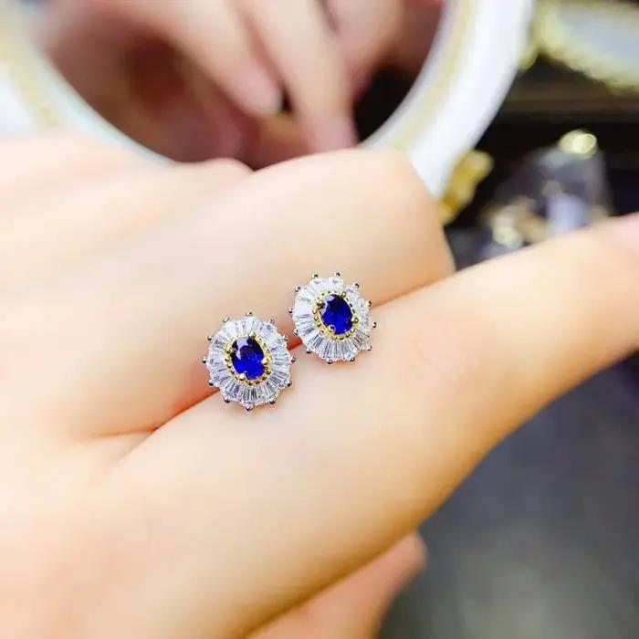 Boucles d'oreilles à clous en saphir naturel pour femme, argent sterling 925, élégantes pour les occasions spéciales, cadeaux d'anniversaire, tenues de tous les jours