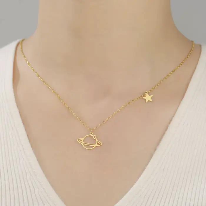 Collier pendentif planète saturne étoile en acier inoxydable pour femmes, bijoux Talisman d'astrologie romantique à la mode