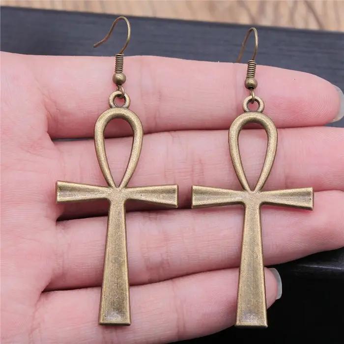 Vintage 2 couleurs 52x28mm Ankh croix breloques boucles d'oreilles mode à la main femmes boucle d'oreille