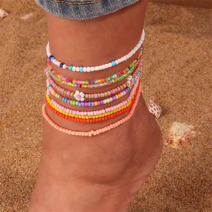 Bracelets de cheville bohème colorés en perles faites à la main pour femmes, Bracelet de plage d'été, chaîne de pied et de jambe, accessoires de bijoux pour filles