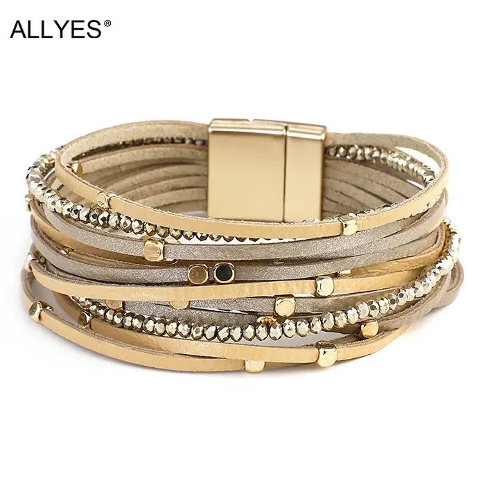 ALLYES Champagne Bracelets en cuir véritable pour femmes Boho multicouche métal charme résine perles
