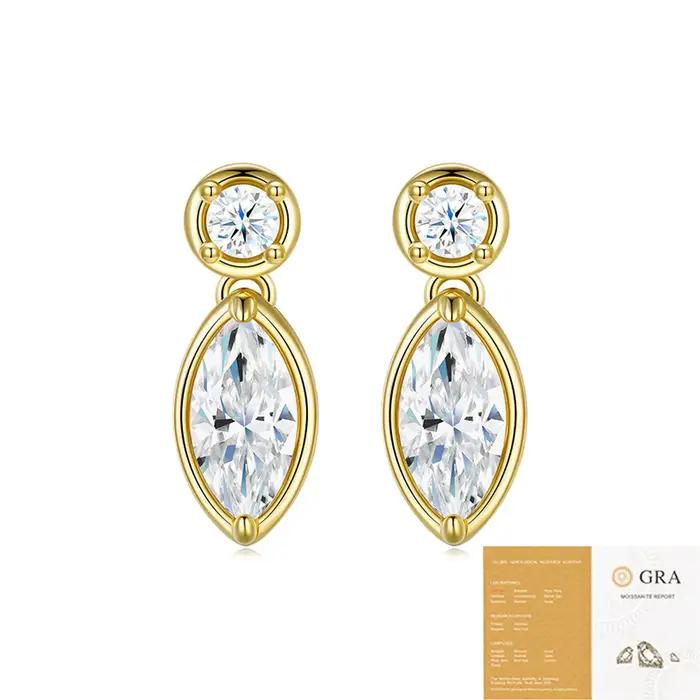 Superbes boucles d'oreilles Double Moissanite taille Marquise couleur D 2CT