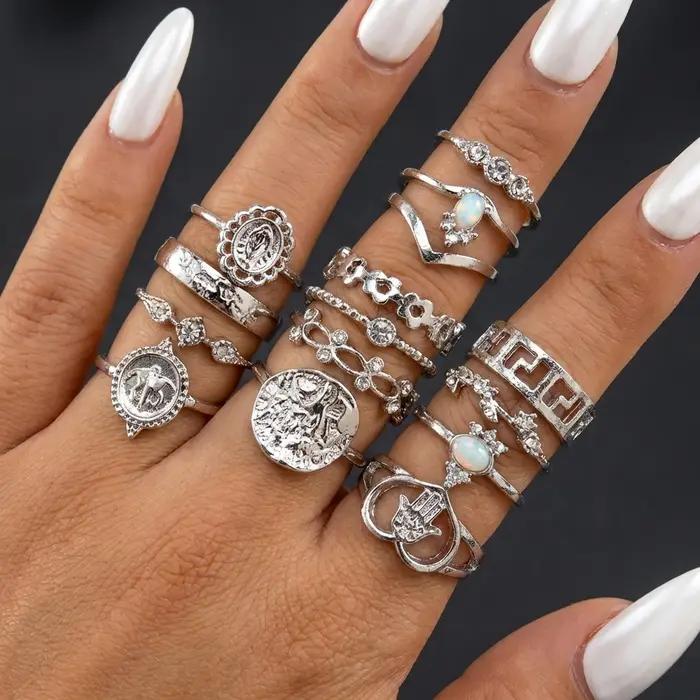 Ensemble de 15 bagues empilables vintage couleur argent pour femmes