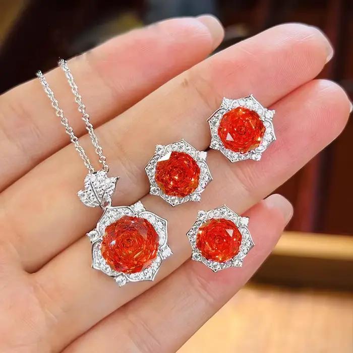 Parure de bijoux en diamants taillés en rose précieux - Bague de fiançailles/mariage, boucles d'oreilles et collier en argent sterling 925. Cadeau de bijoux