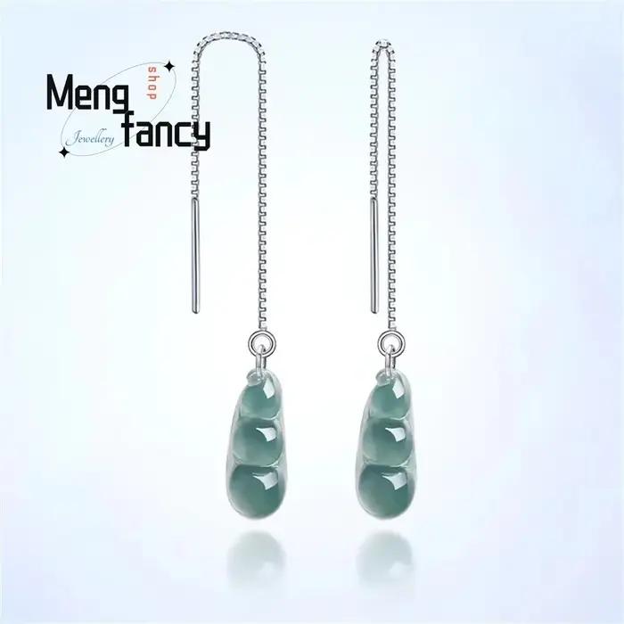 Boucles d'oreilles en jadéite naturelle, haricot béni d'eau bleue, fils d'oreille en argent S925, si