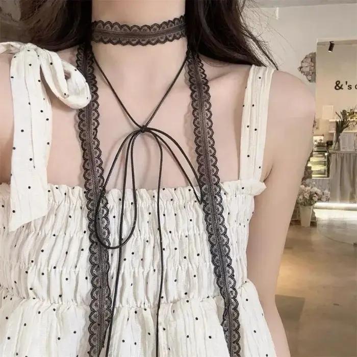 Collier en dentelle noir et blanc double couche style bohème pour femmes et filles