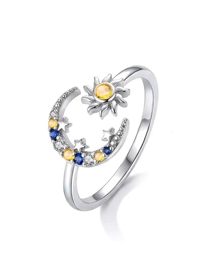 Bague réglable en argent sterling 925 sertie de zirconium blanc motif lune et soleil pour femmes occasions spéciales alliance de mariage finitions sophistiquées