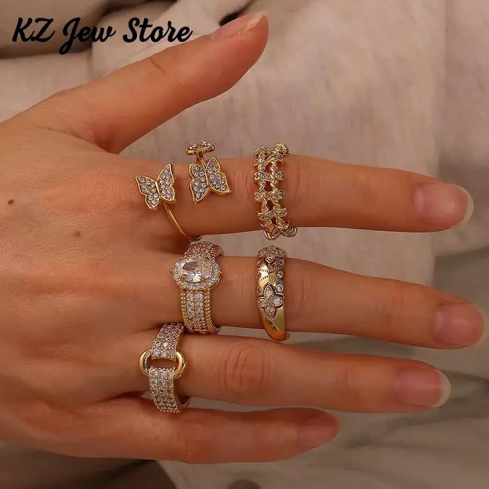 Bague en zircon doré avec motifs géométriques et papillon pour femmes, bijou de fête et cadeau d'occasion spéciale