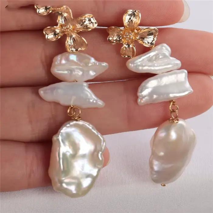 Boucles d'oreilles en perles baroques naturelles faites à la main pour femmes, bijoux dorés, lustre