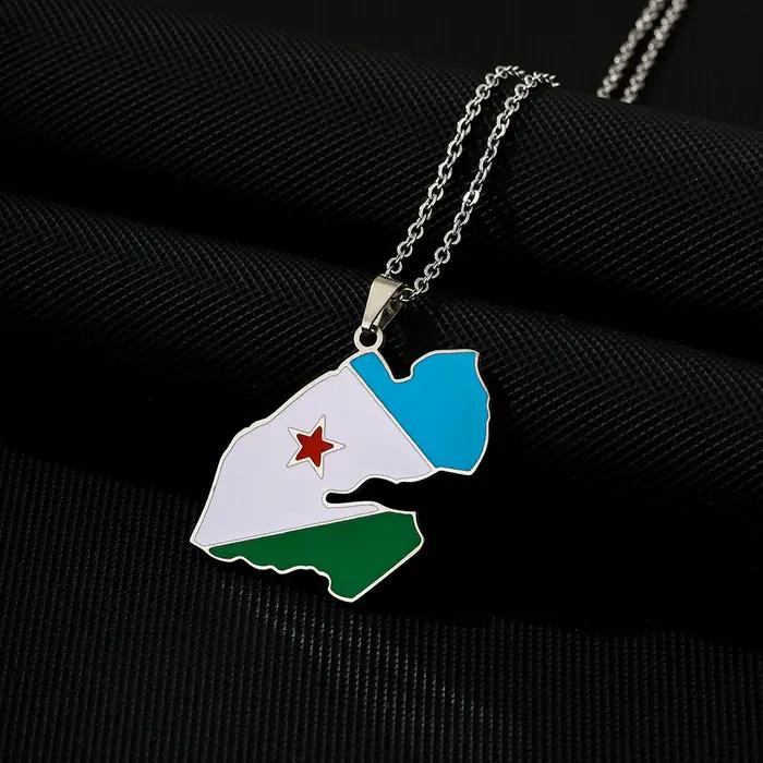 Collier carte de Djibouti en acier inoxydable émaillé pour homme et femme bijou ethnique patriotique accessoire tendance à offrir pour événements spéciaux
