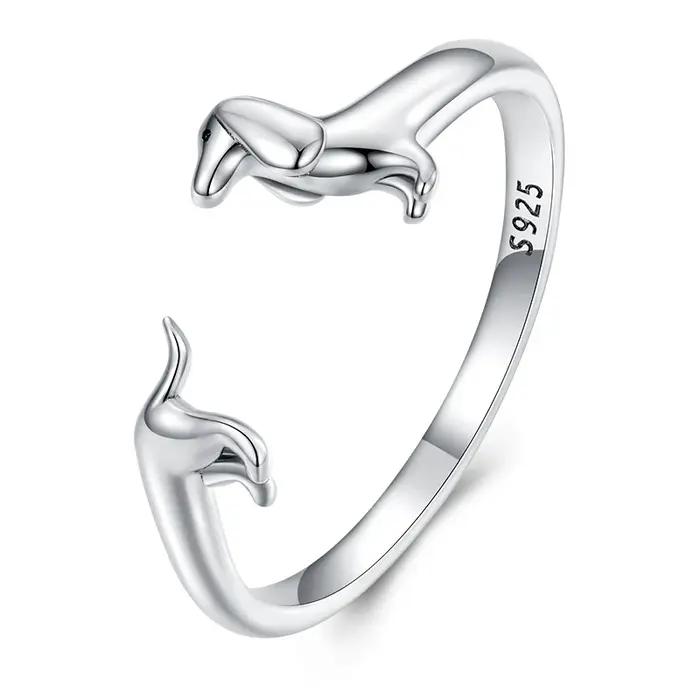 BISAER 100% 925 argent Sterling mignon teckel anneau pour les femmes 14K plaqué or Pet bande réglable fête bijoux de mode 4 couleurs