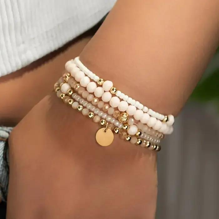 5 pièces/ensemble breloque résine perlée mode Bracelet ensemble pour femmes pièce ronde élastique perle chaîne