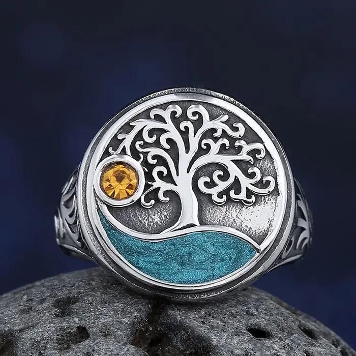 Bague arbre de vie viking vintage motif jaune acier inoxydable pour hommes et femmes occasions spéciales soirée cadeau de couple