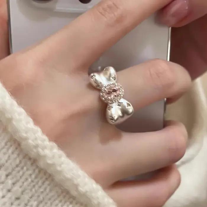 Bague nœud papillon rose zircon Y2K tendance Kpop pour femme