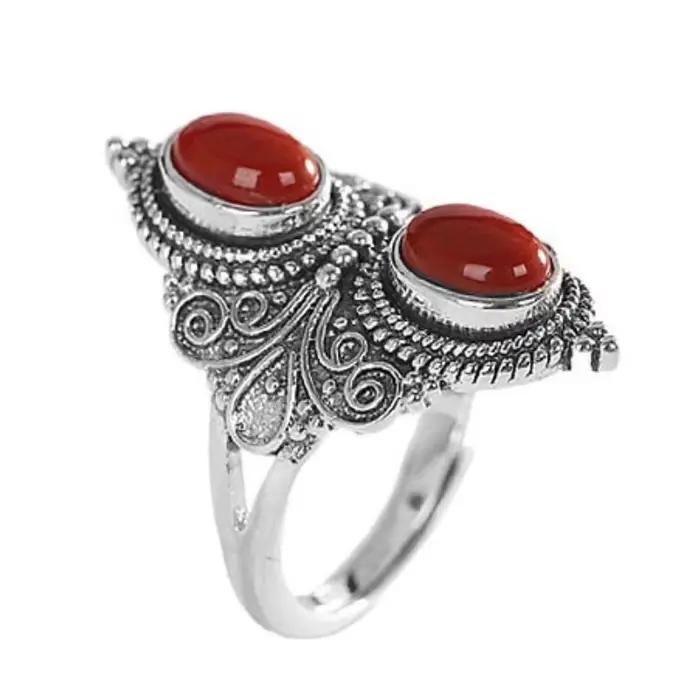 Bague en jade rouge Everoyal pour femmes style rétro élégante double perles ovales bijou pour soirées et anniversaires