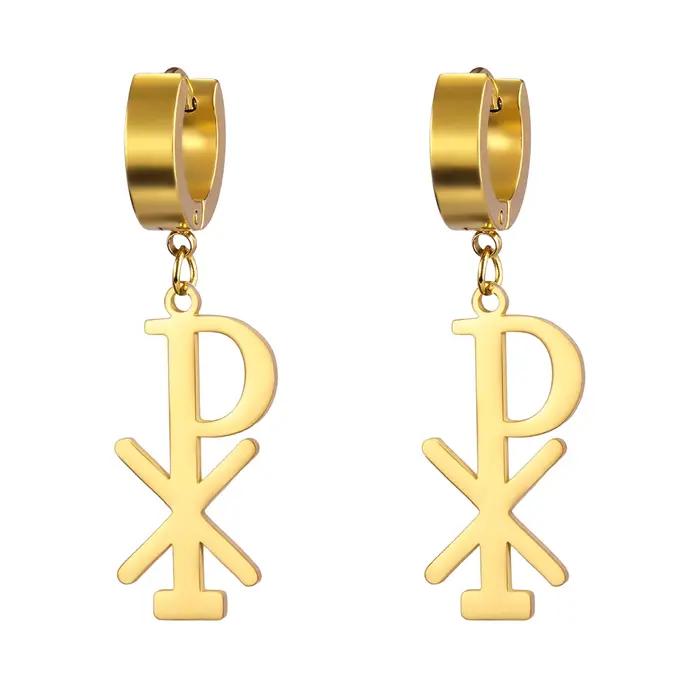 LIKGREAT Boucles d'oreilles Chi-Rho chrétiennes pour femmes, pendentif croix religieuse en acier inoxydable, amulette religieuse, bijoux uniques, cadeau